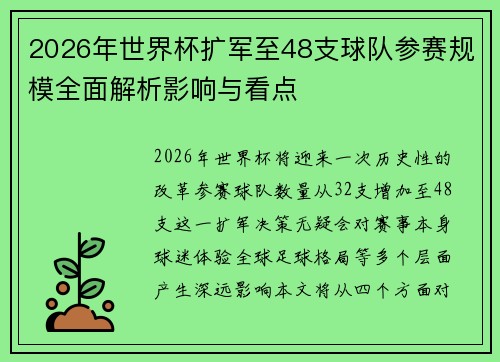 2026年世界杯扩军至48支球队参赛规模全面解析影响与看点