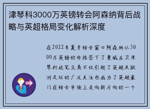 津琴科3000万英镑转会阿森纳背后战略与英超格局变化解析深度 津琴科3000万英镑转会阿森纳背后战略与英超格局变化解析深度